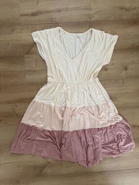 Shop Stevie Cream and Light Pink Tiered V-Neck Dress